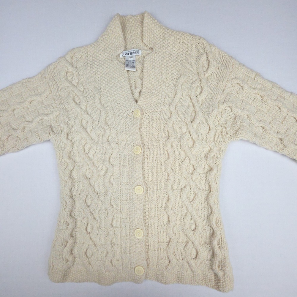 VTG Jones & Co Hand Knit Cardigan Sweater Womens Small Cream 100%Wool Cable